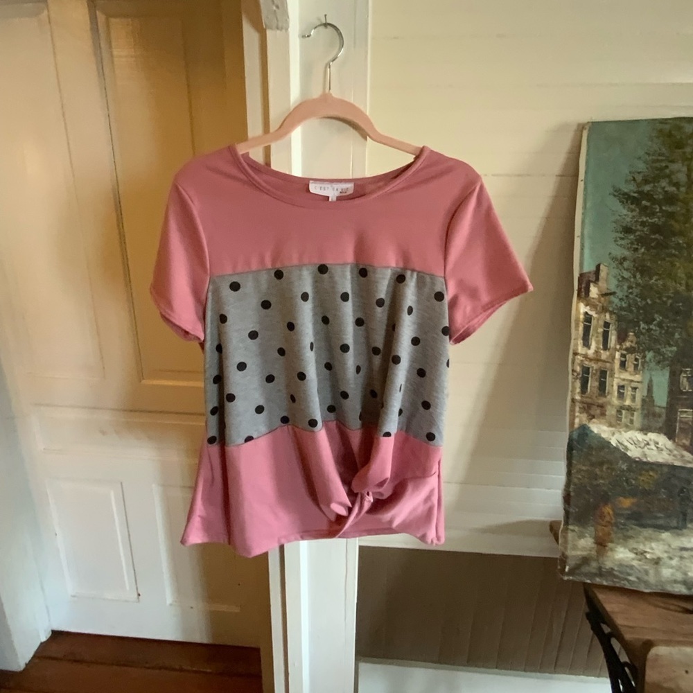 🌸🌸 Pink and Gray Polka Dot Short Sleeve Tee
